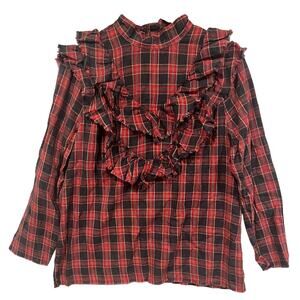 Zara Gingham Plaid Ruffle Tiered Flannel‎ Top Red Black Raw Hem Mock Neck Preppy